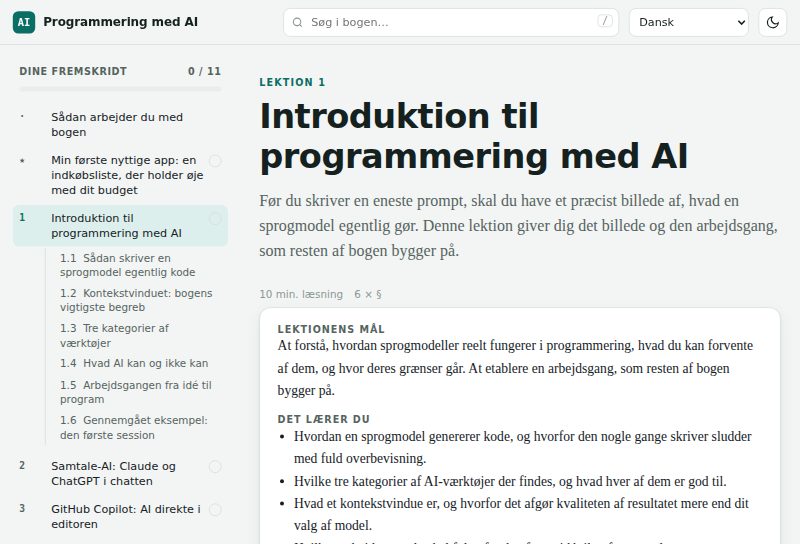 En lektionsside med mål og en kapitelliste