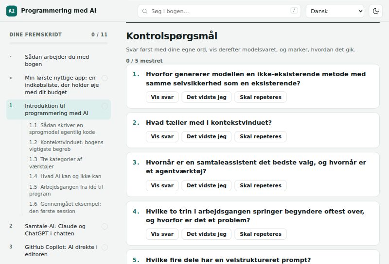 Kontrolspørgsmål med knapper til at vise svaret