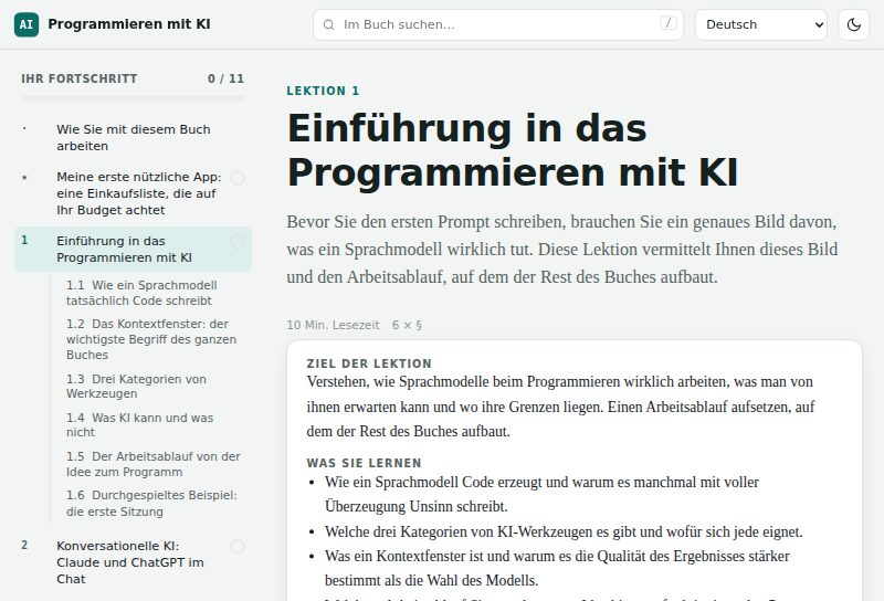 Eine Lektionsseite mit Lernzielen und Kapitelliste