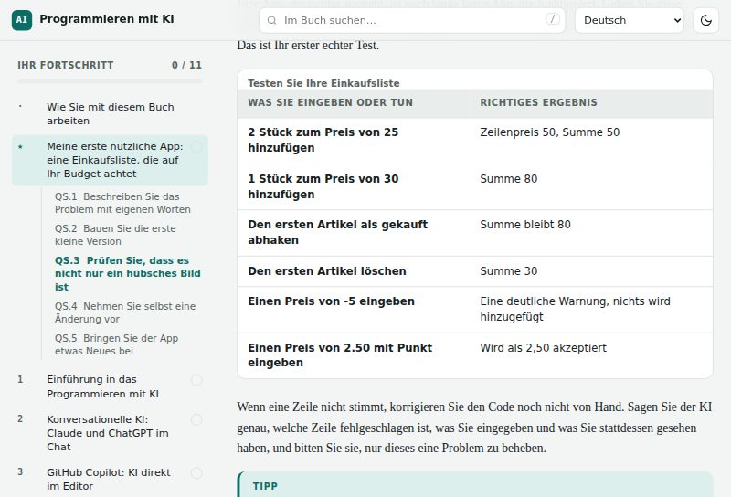 Die Testtabelle der Schnellstart-Lektion