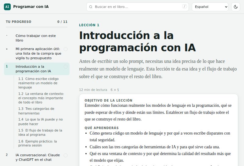 Una página de lección con objetivos y lista de capítulos