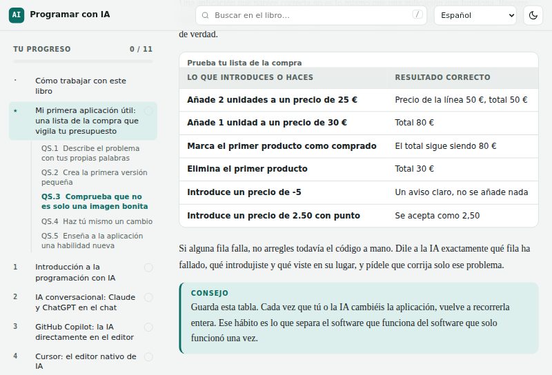 La tabla de pruebas de la lección de inicio rápido