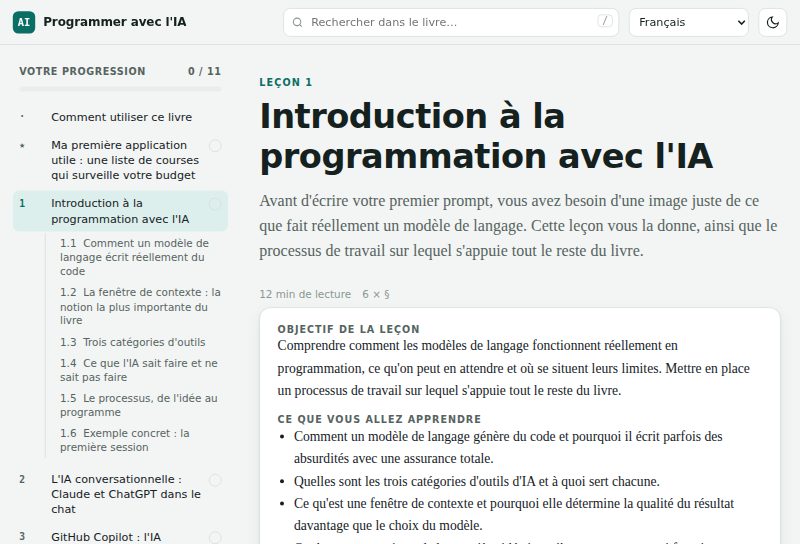 Une page de leçon avec ses objectifs et la liste des chapitres