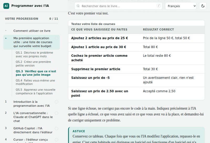 Le tableau de tests de la leçon de démarrage rapide
