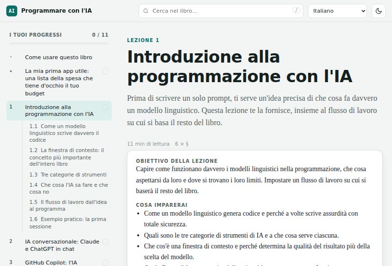 Una pagina di lezione con obiettivi ed elenco dei capitoli
