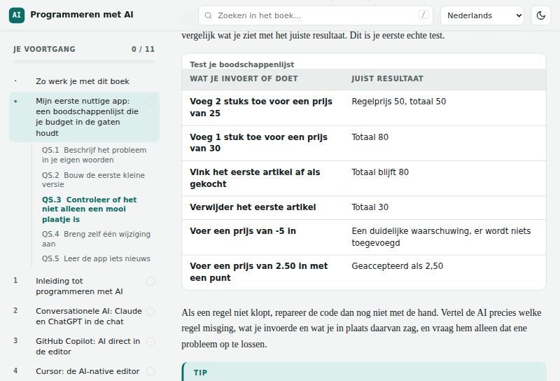 De testtabel uit de snelstartles