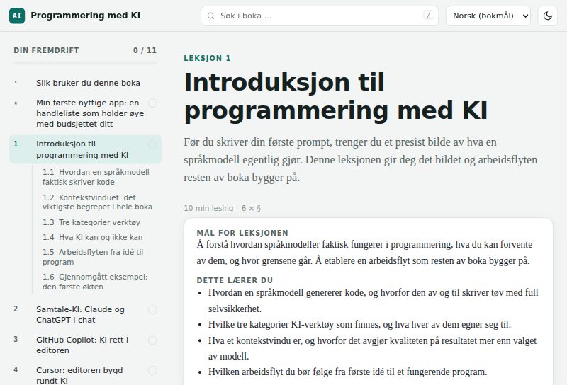 En leksjonsside med mål og en kapitteloversikt