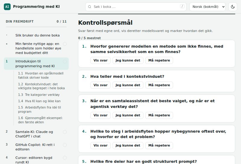 Kontrollspørsmål med knapper for å vise svaret