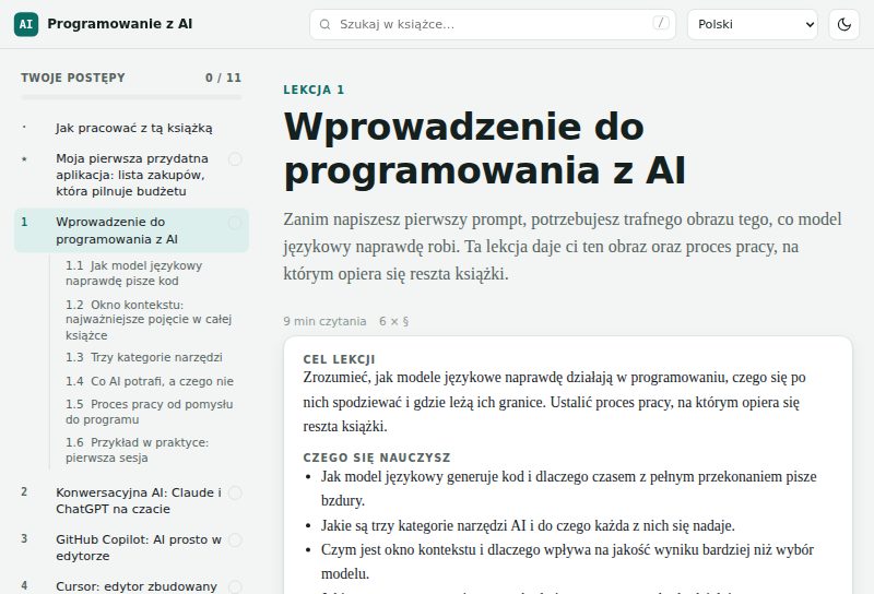 Strona lekcji z celami i listą rozdziałów