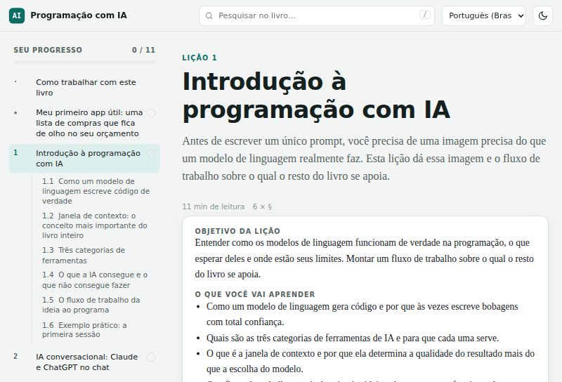 Uma página de lição com objetivos e lista de capítulos