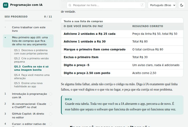 A tabela de testes da lição de início rápido