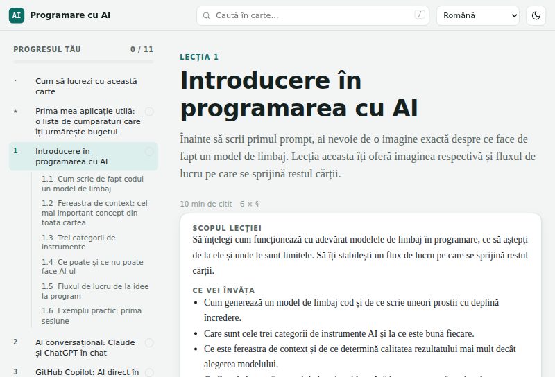 O pagină de lecție cu obiective și lista capitolelor